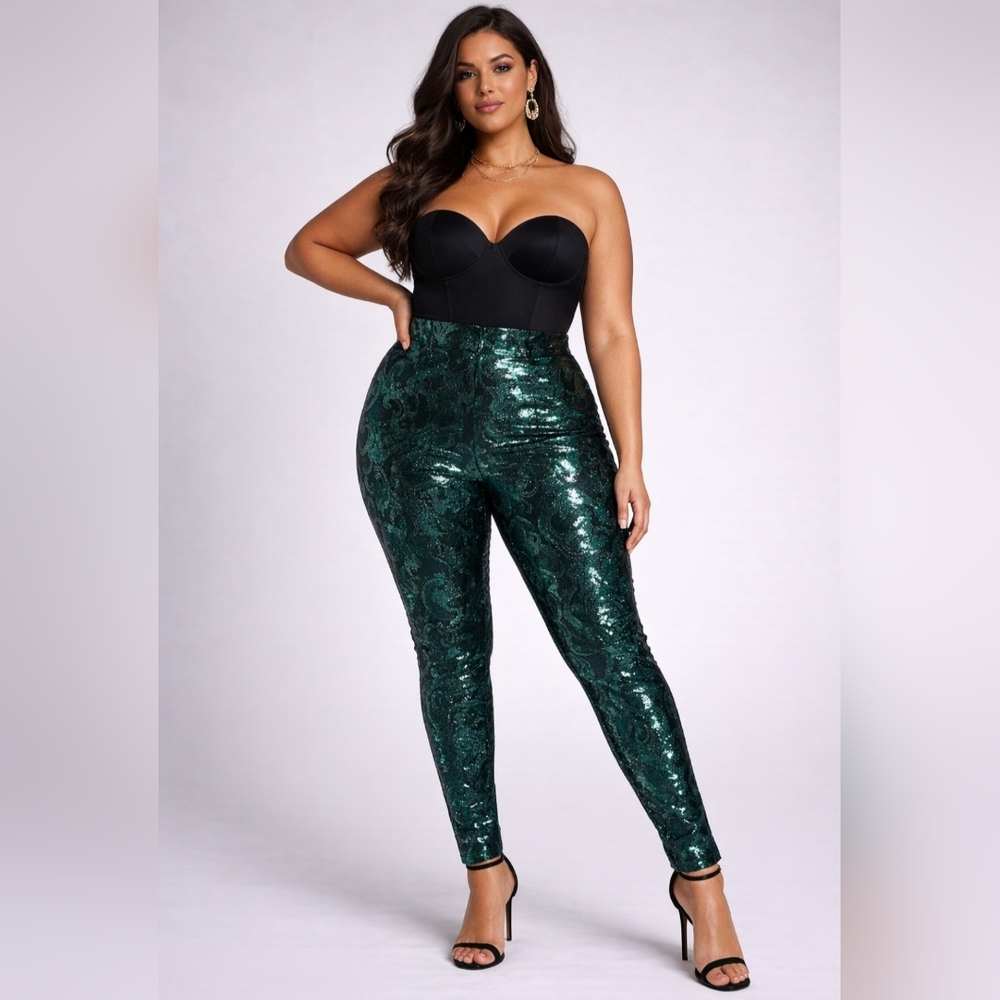 Ashro FULLY (Front & Back) Sequined Renita Green Velvet Leggings Size 3X